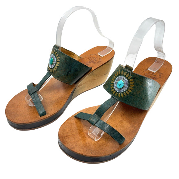 Calleen Cordero T Strap Platform Wedge‎ Wood Sandals Turquoise Concho Size 10 - Picture 1 of 10